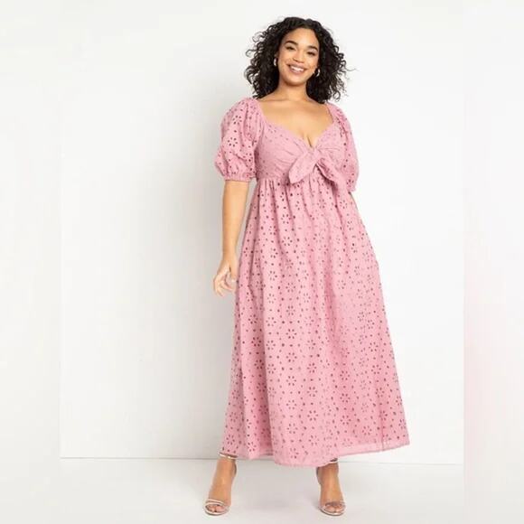 NWT Eloquii Eyelet Detail Tie Front Puff Sleeve Maxi Dress Pink Mauve SZ 28 NEW - Picture 1 of 16